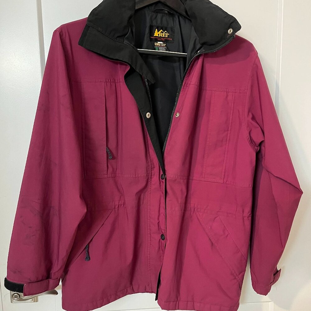 REI Gortex maroon jacket with self storing hood